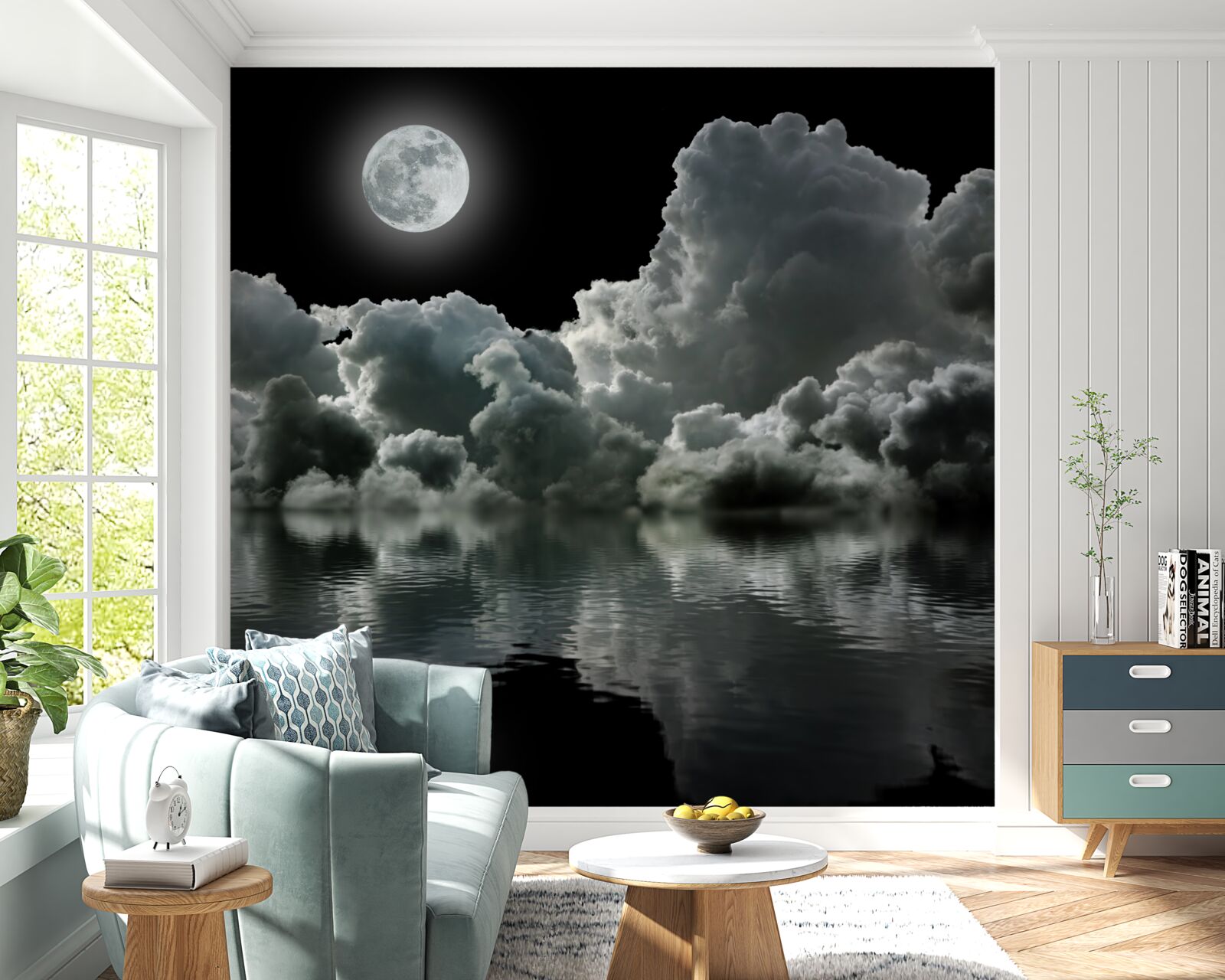 Fotobehang de maan in haar volle schittering weerspiegelt in het water tussen de wolken