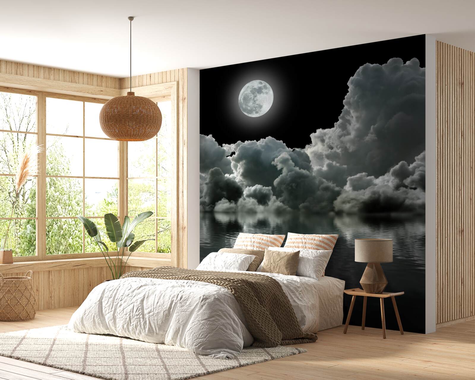 Fotobehang de maan in haar volle schittering weerspiegelt in het water tussen de wolken