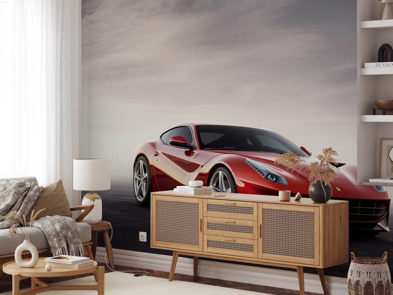 Fotobehang de rode sportwagen is afgebeeld op een grijze achtergrond