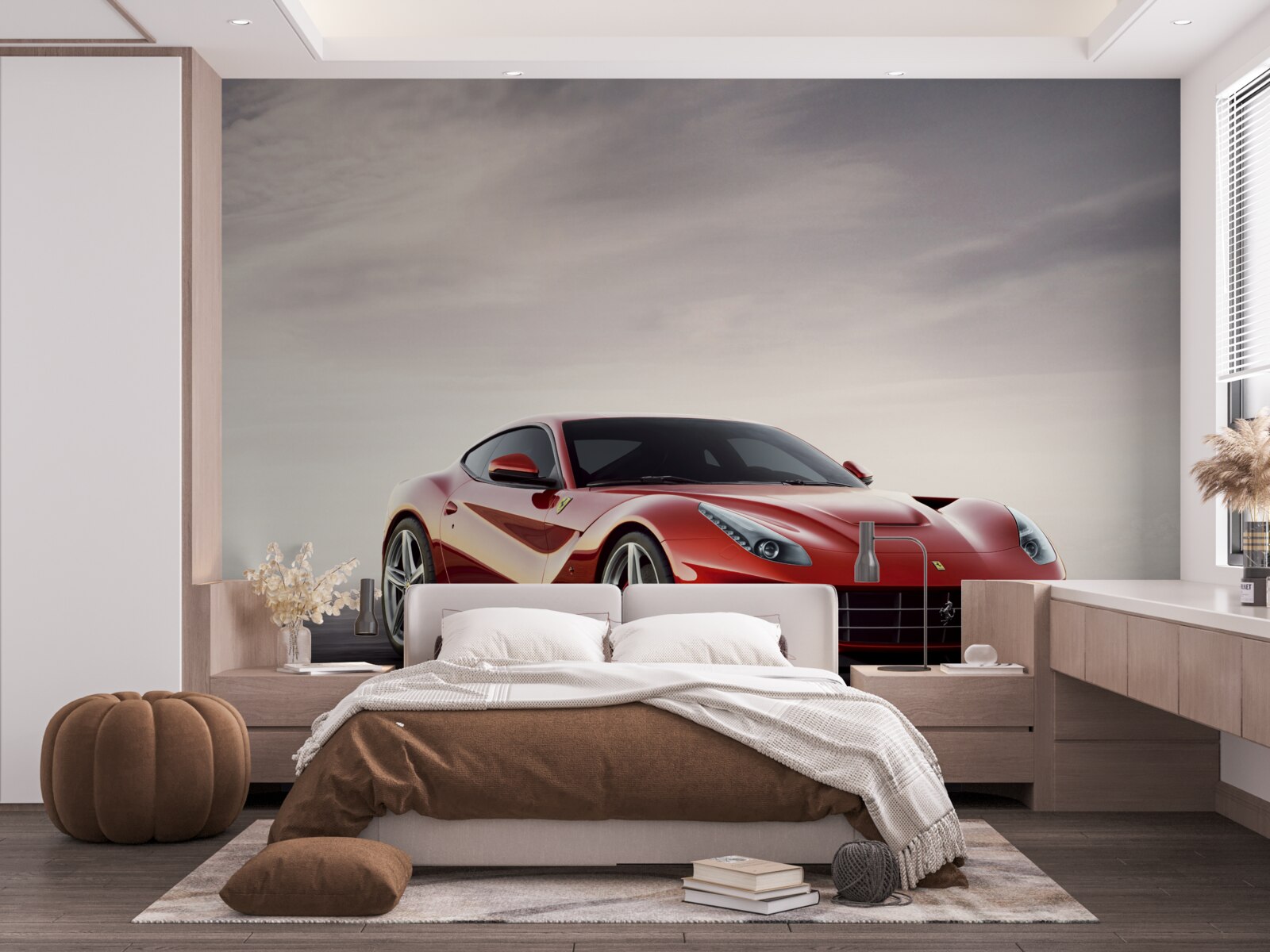 Fotobehang de rode sportwagen is afgebeeld op een grijze achtergrond
