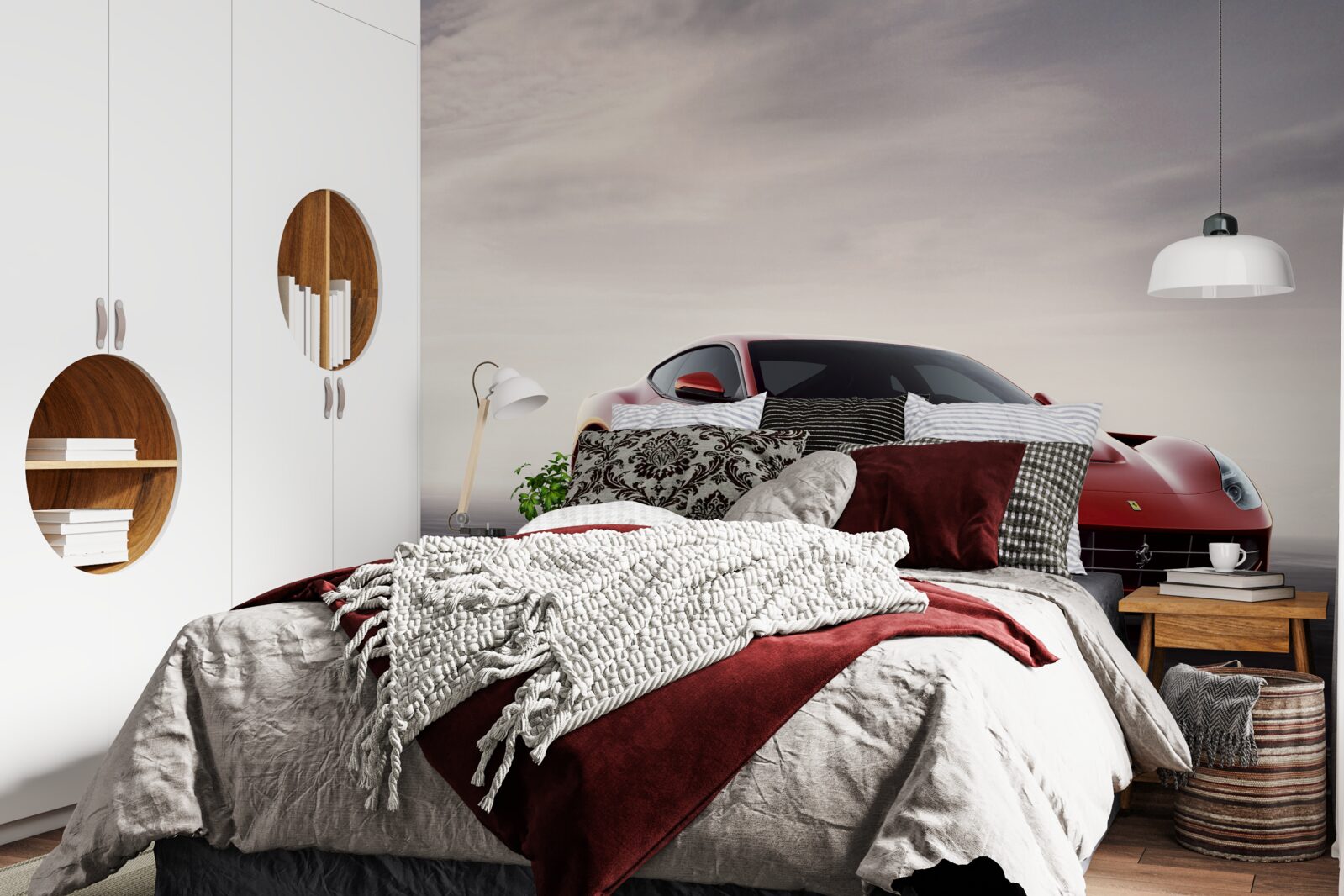 Fotobehang de rode sportwagen is afgebeeld op een grijze achtergrond