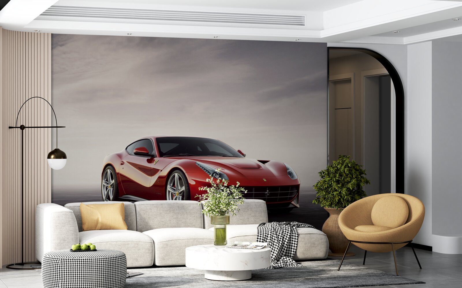 Fotobehang de rode sportwagen is afgebeeld op een grijze achtergrond