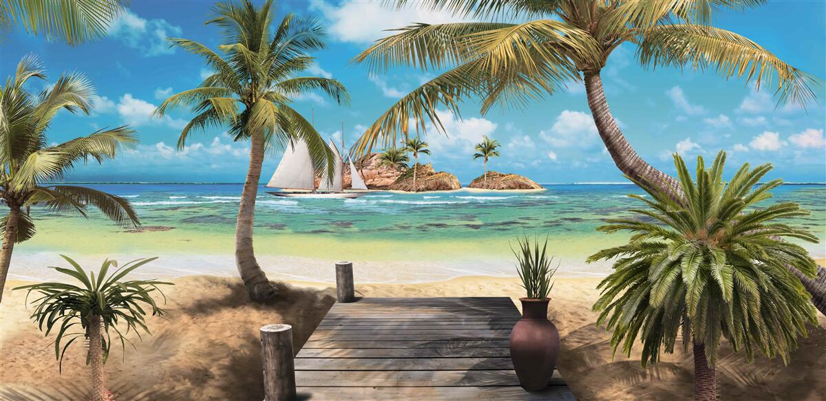 Fotobehang houten brug die naar de kust leidt