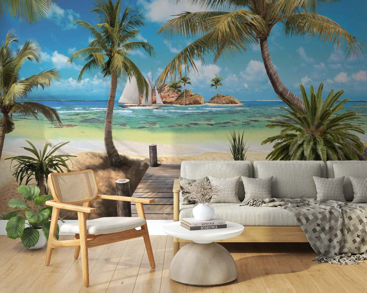 Fotobehang houten brug die naar de kust leidt