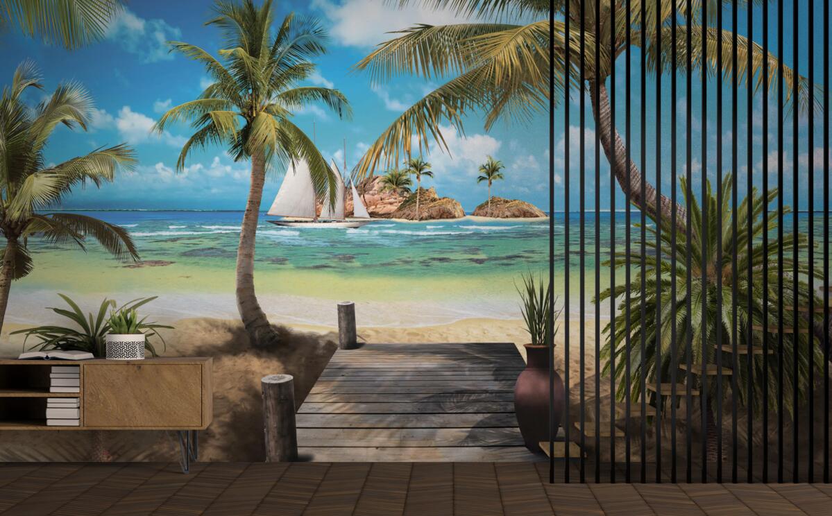 Fotobehang houten brug die naar de kust leidt