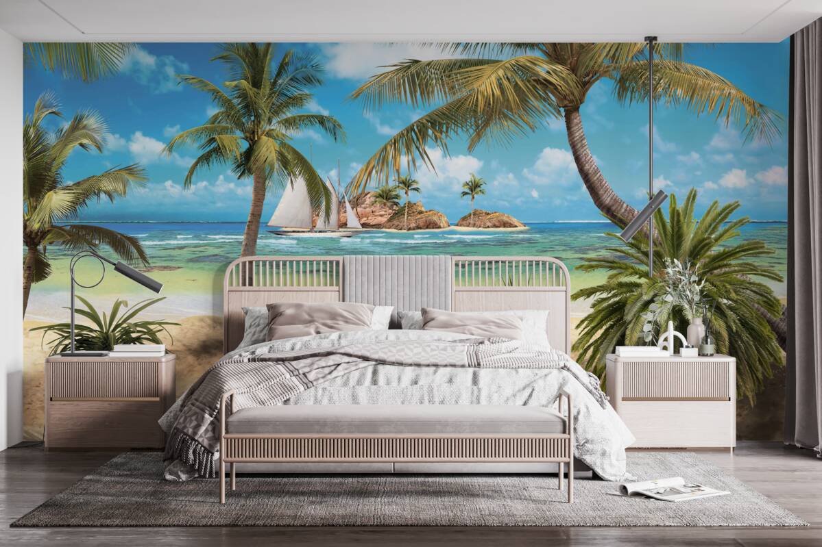 Fotobehang houten brug die naar de kust leidt