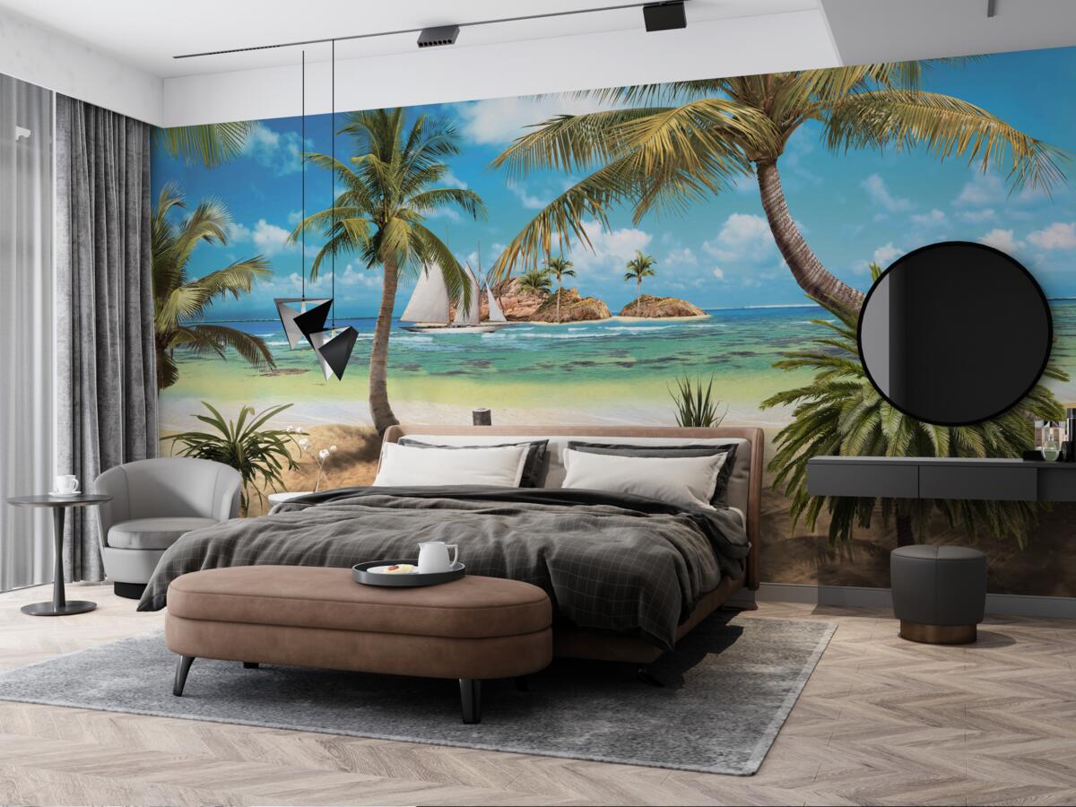 Fotobehang houten brug die naar de kust leidt