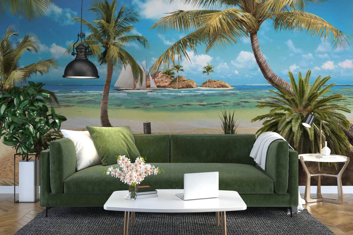 Fotobehang houten brug die naar de kust leidt