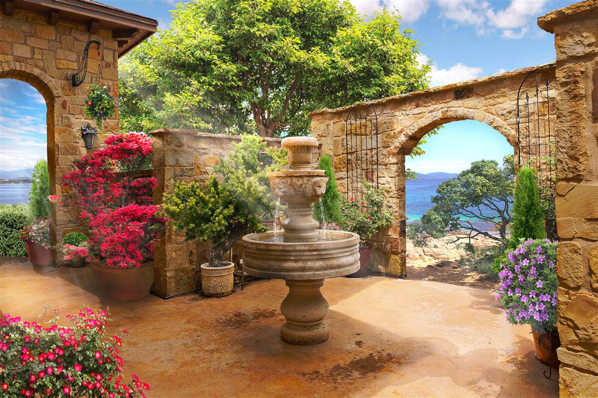 Fotobehang rustige en groene binnenplaats met fonteinen en bloemperken