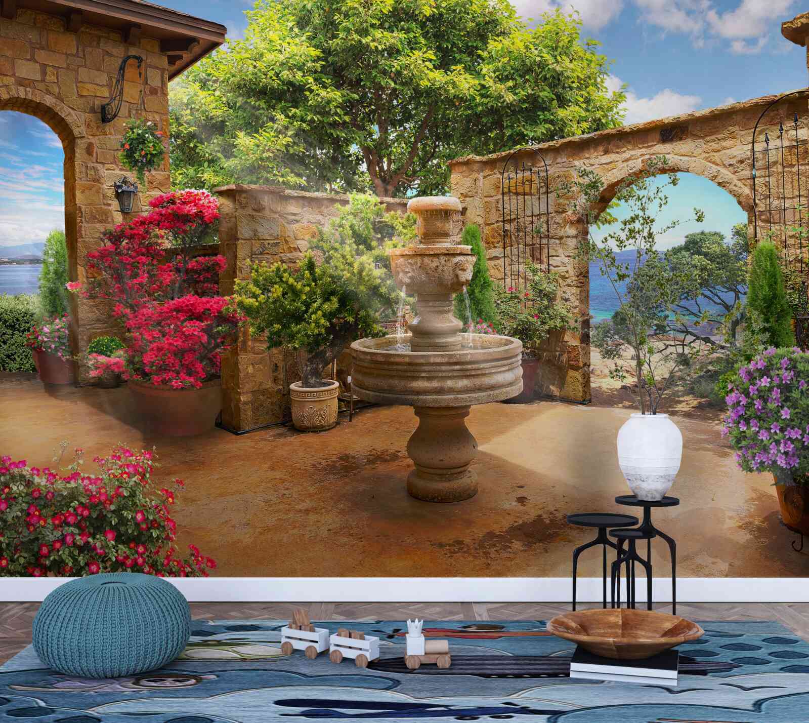 Fotobehang rustige en groene binnenplaats met fonteinen en bloemperken