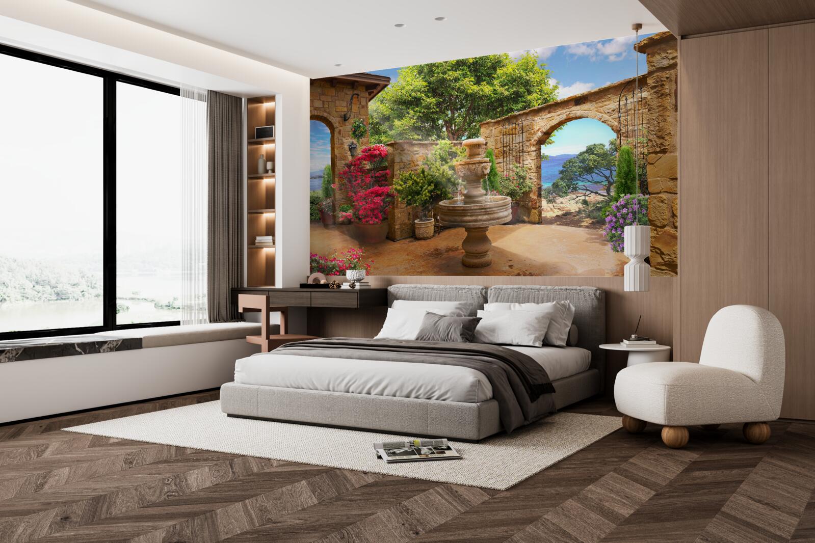 Fotobehang rustige en groene binnenplaats met fonteinen en bloemperken