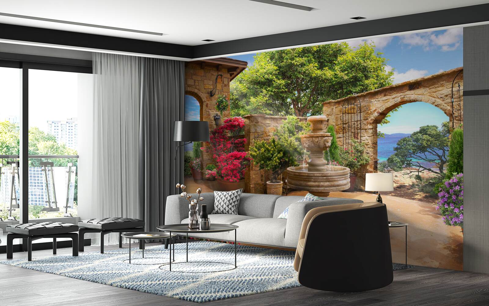 Fotobehang rustige en groene binnenplaats met fonteinen en bloemperken