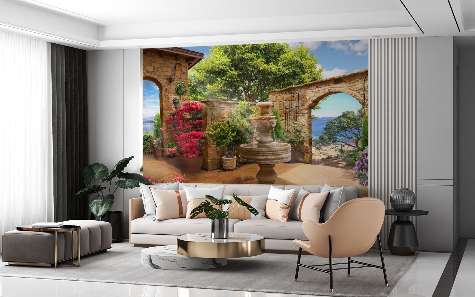 Fotobehang rustige en groene binnenplaats met fonteinen en bloemperken