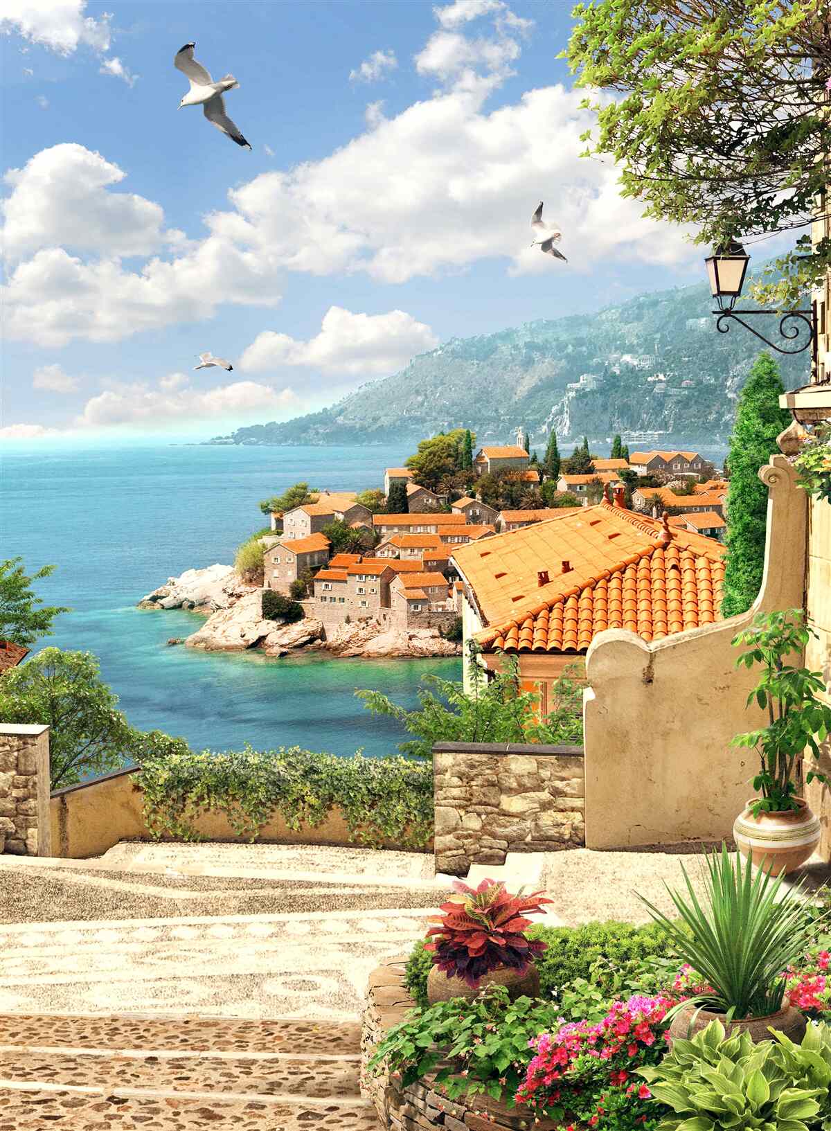 Fotobehang prachtig uitzicht op de oude stad aan de kust