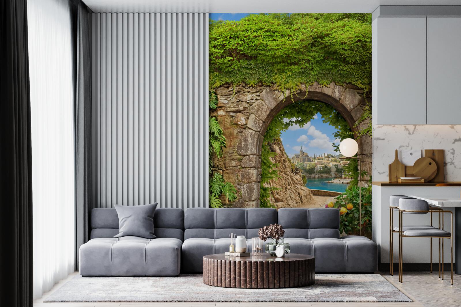 Fotobehang oude stenen boog verweven met groen