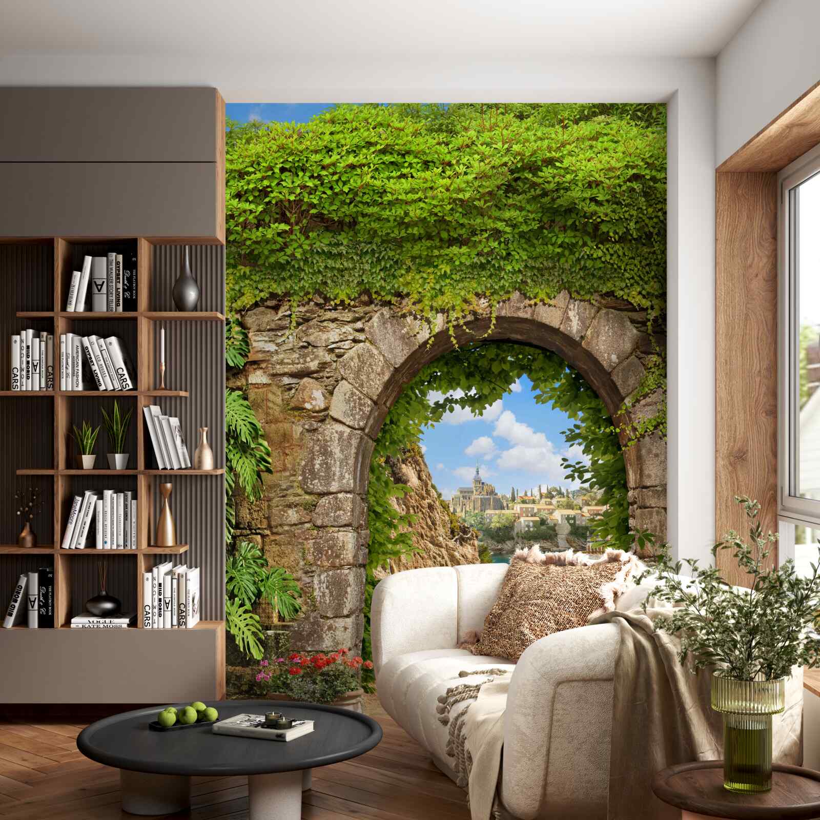 Fotobehang oude stenen boog verweven met groen
