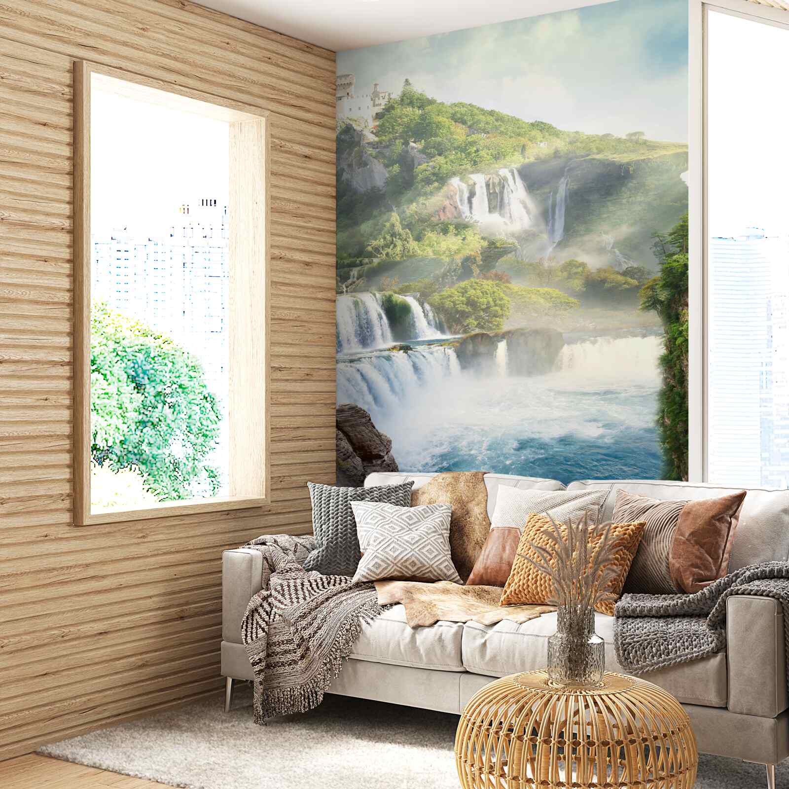 Fotobehang vele hoge watervallen