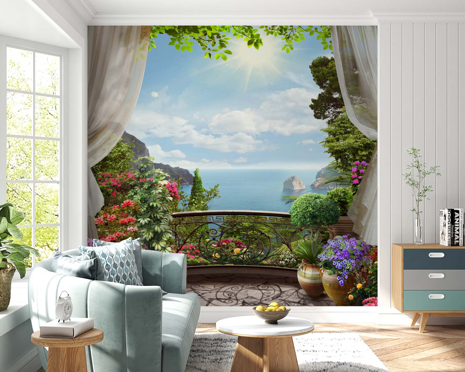 Fotobehang vanaf het balkon kun je de oceaan zien die zich uitstrekt tot aan de horizon en de steile kliffen