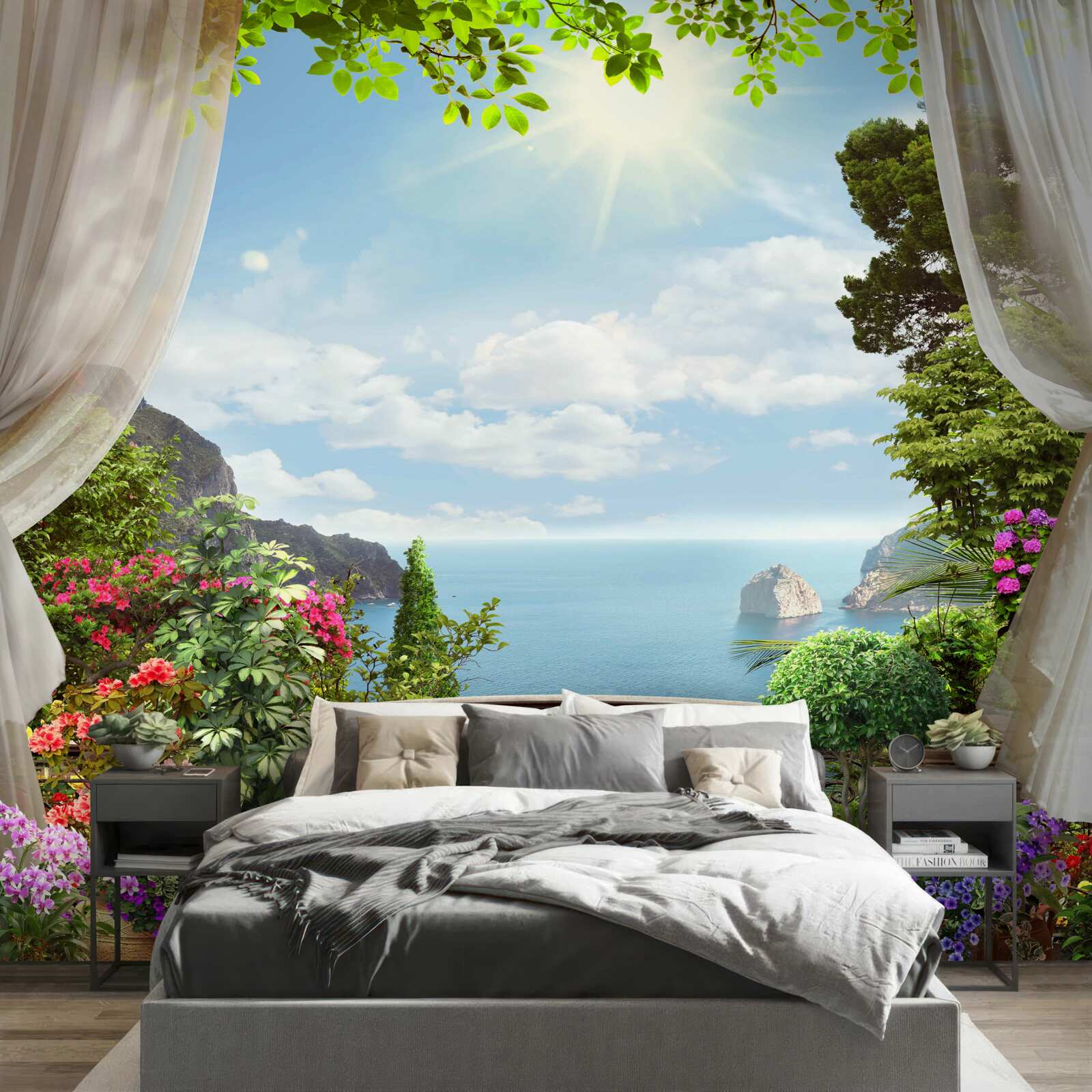 Fotobehang vanaf het balkon kun je de oceaan zien die zich uitstrekt tot aan de horizon en de steile kliffen