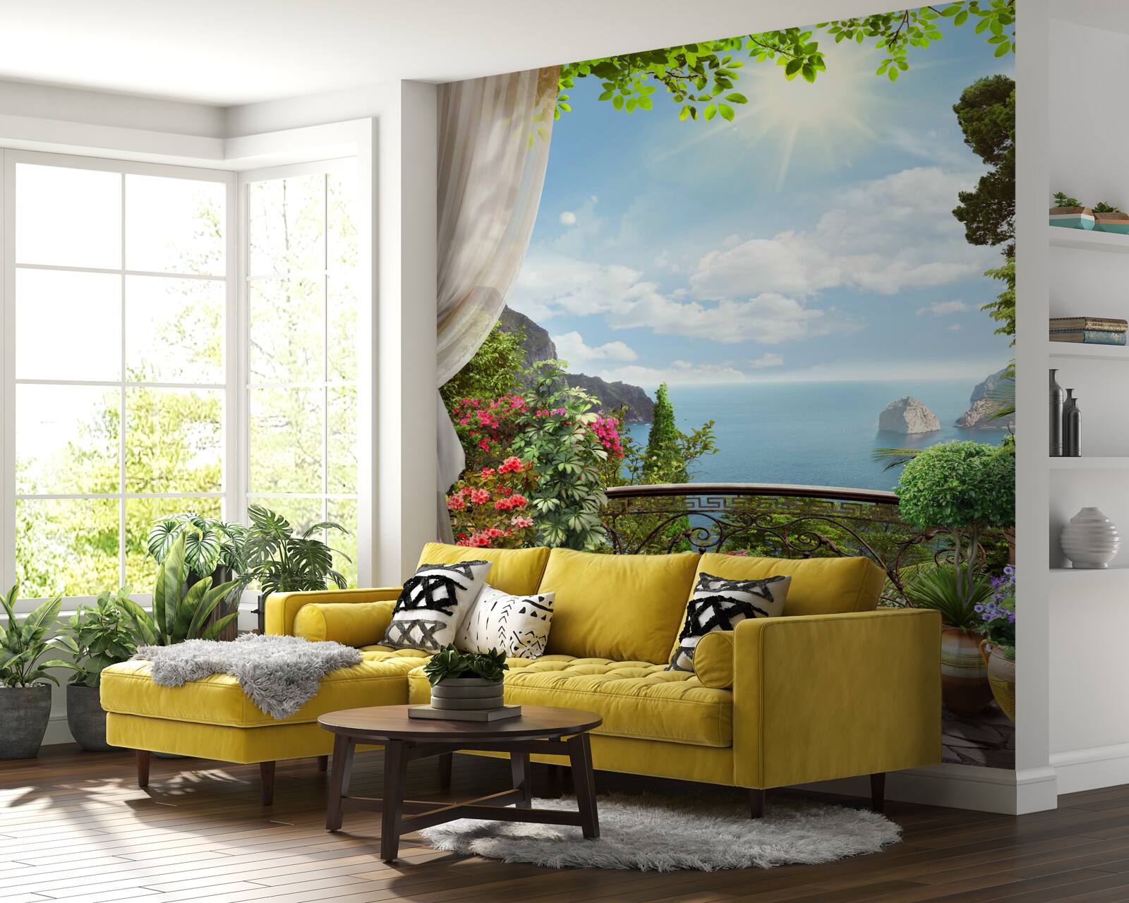 Fotobehang vanaf het balkon kun je de oceaan zien die zich uitstrekt tot aan de horizon en de steile kliffen