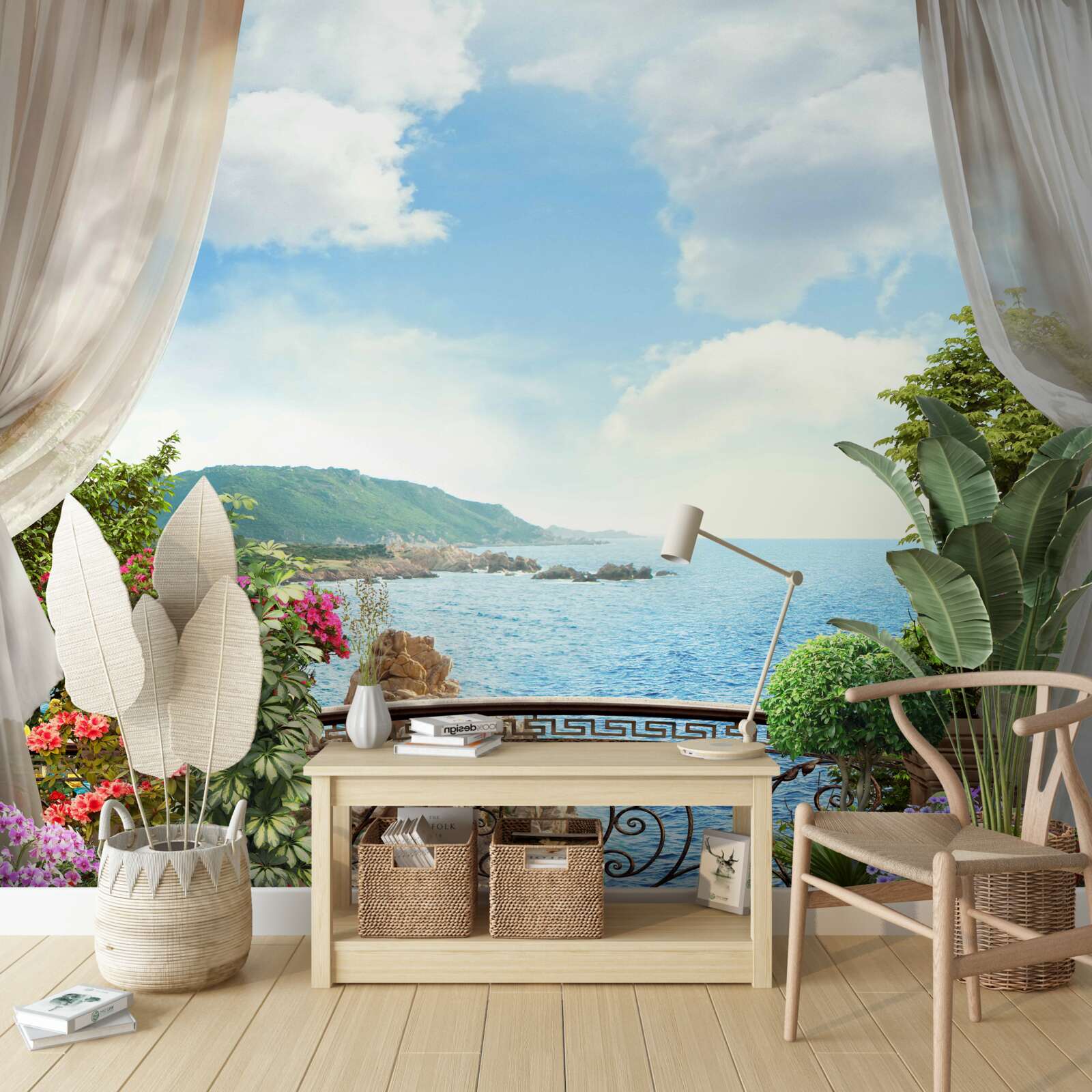 Fotobehang loggia met een schilderachtig uitzicht op de oceaan