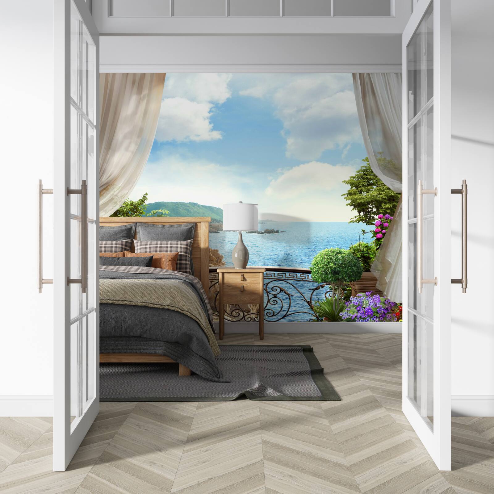 Fotobehang loggia met een schilderachtig uitzicht op de oceaan