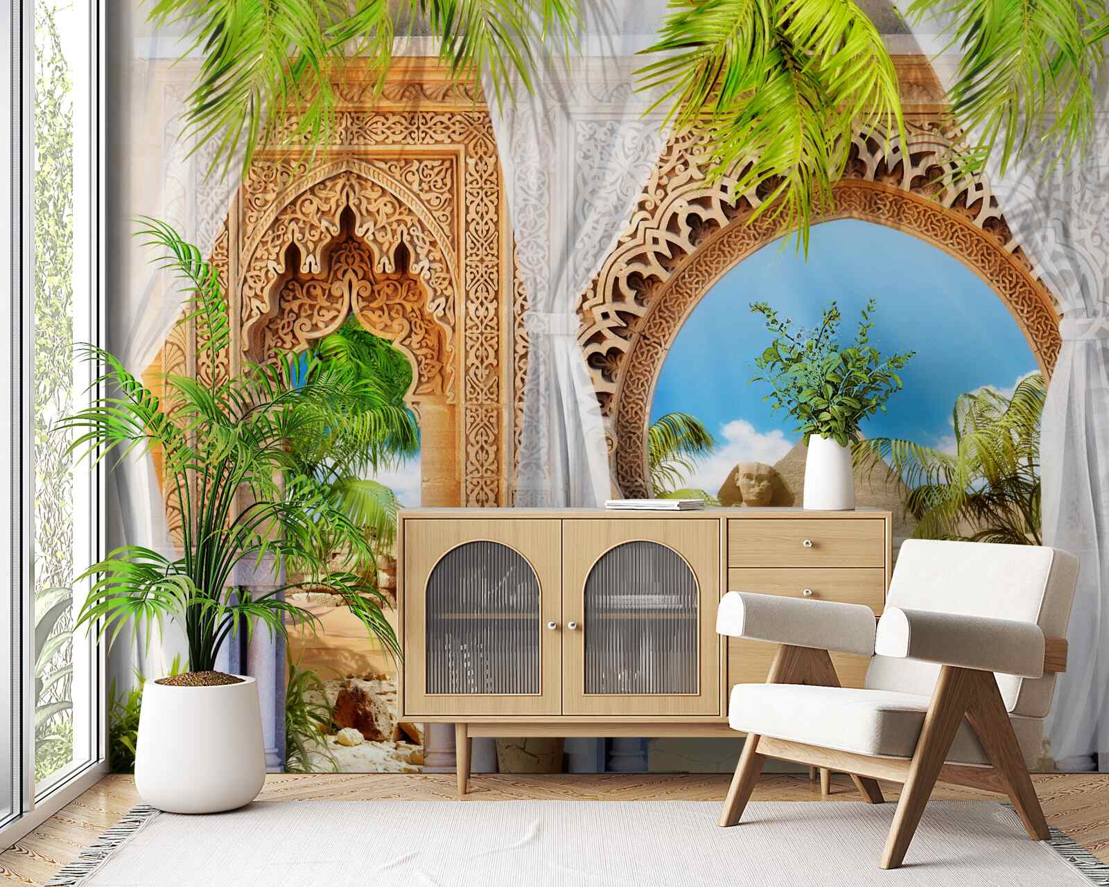 Fotobehang ronde bogen in oosterse stijl met een prachtig uitzicht