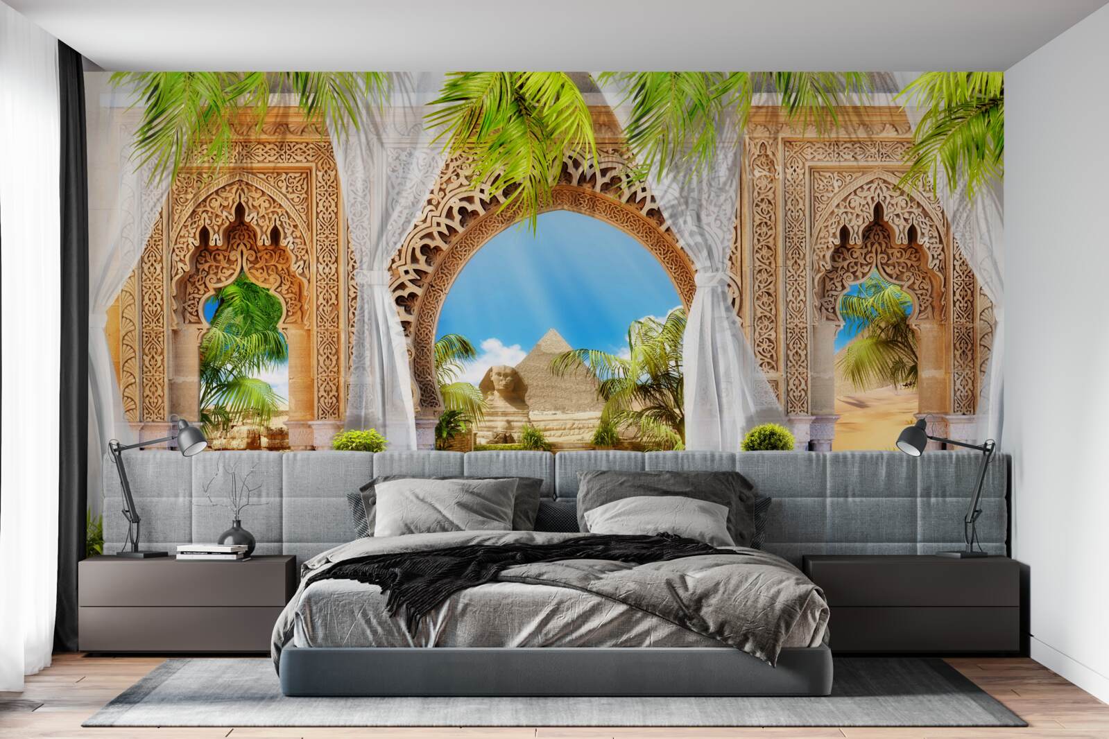 Fotobehang ronde bogen in oosterse stijl met een prachtig uitzicht