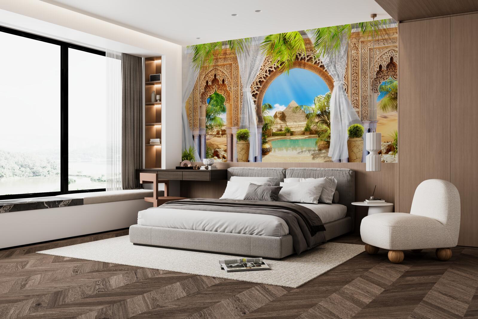 Fotobehang ronde bogen in oosterse stijl met een prachtig uitzicht