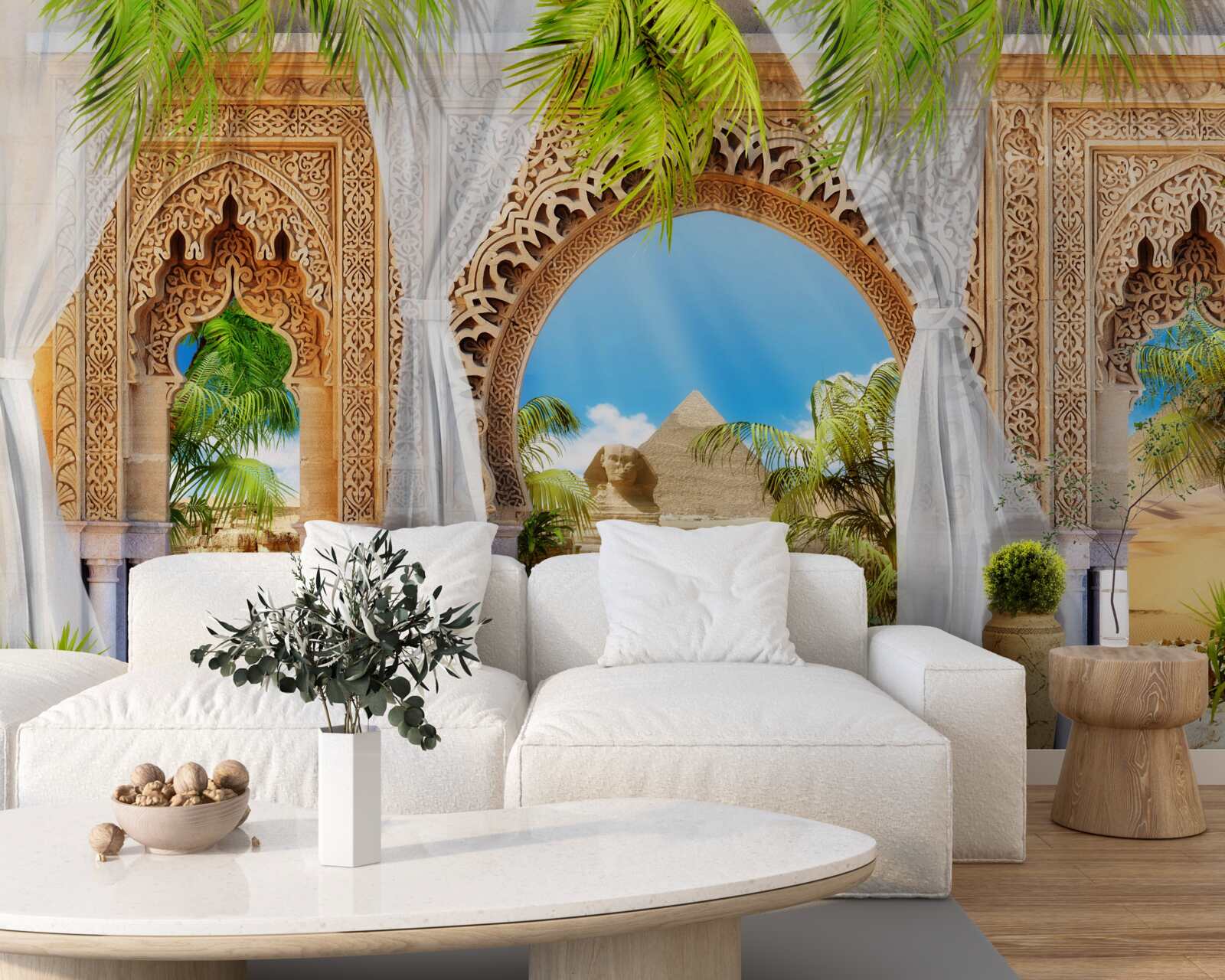 Fotobehang ronde bogen in oosterse stijl met een prachtig uitzicht