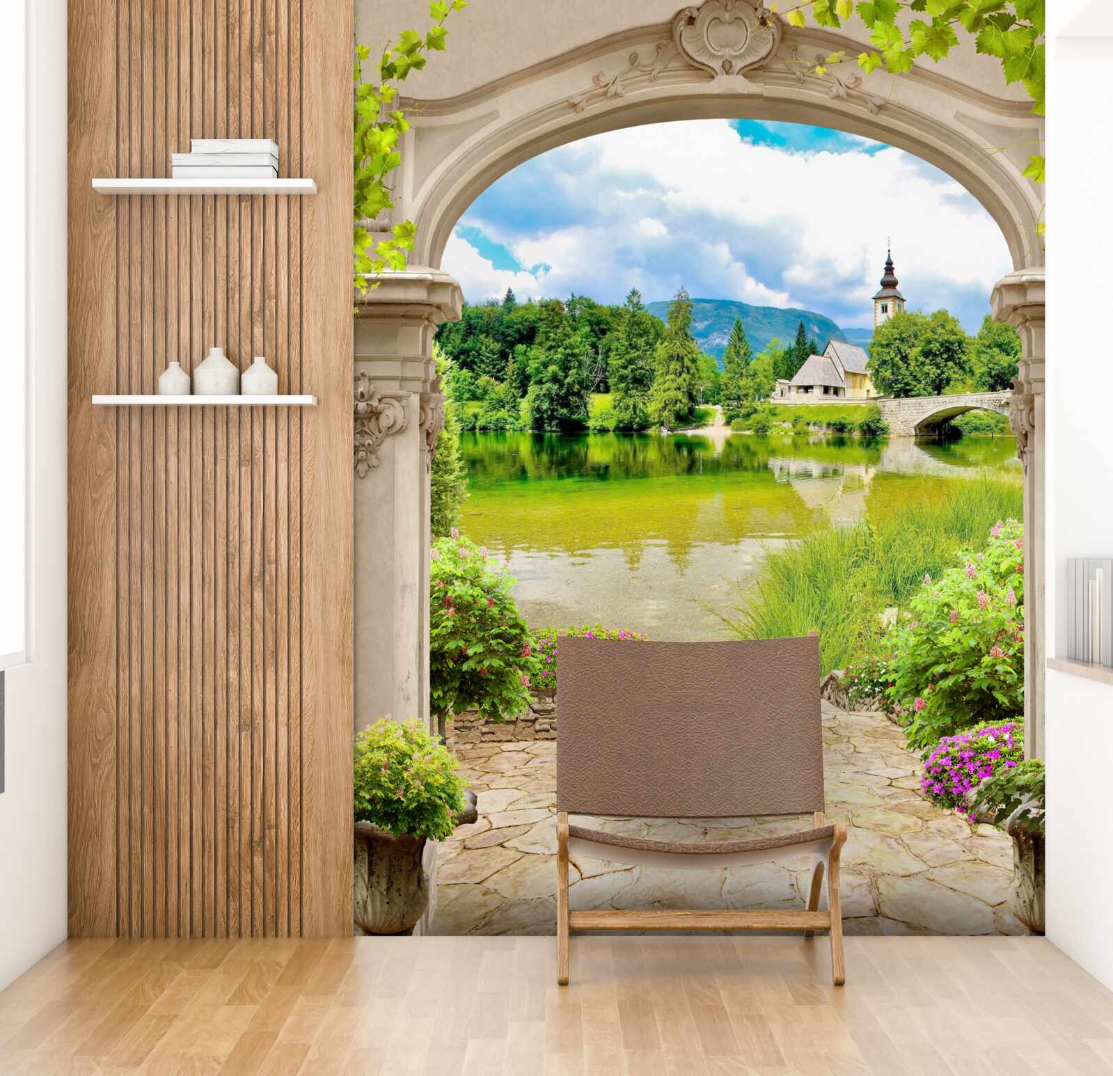 Fotobehang ronde boog die naar het water leidt