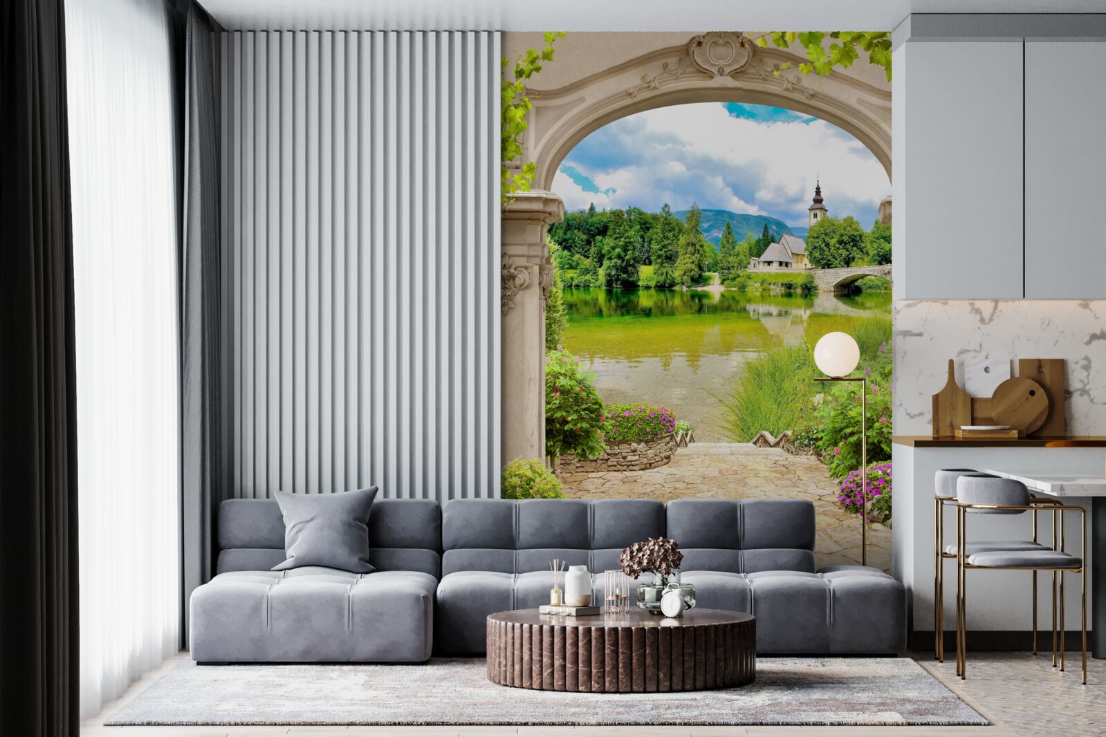 Fotobehang ronde boog die naar het water leidt