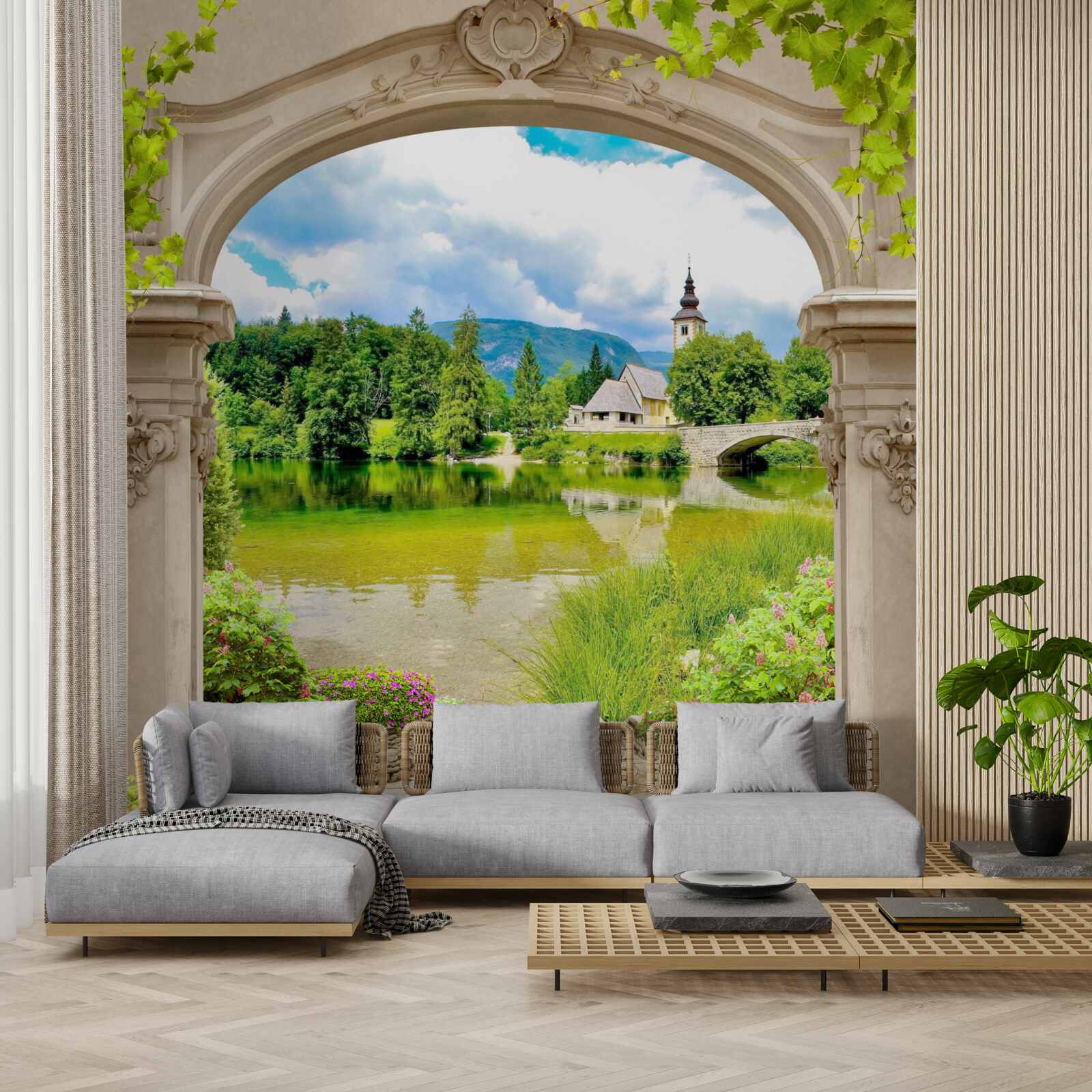 Fotobehang ronde boog die naar het water leidt