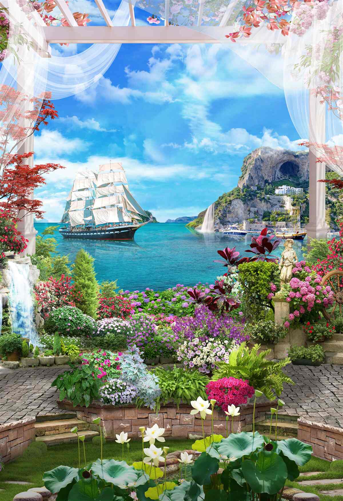 Fotobehang vanaf het balkon kun je een zeilboot voor anker zien liggen in de haven