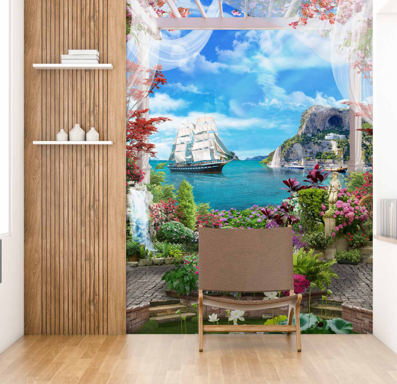 Fotobehang vanaf het balkon kun je een zeilboot voor anker zien liggen in de haven