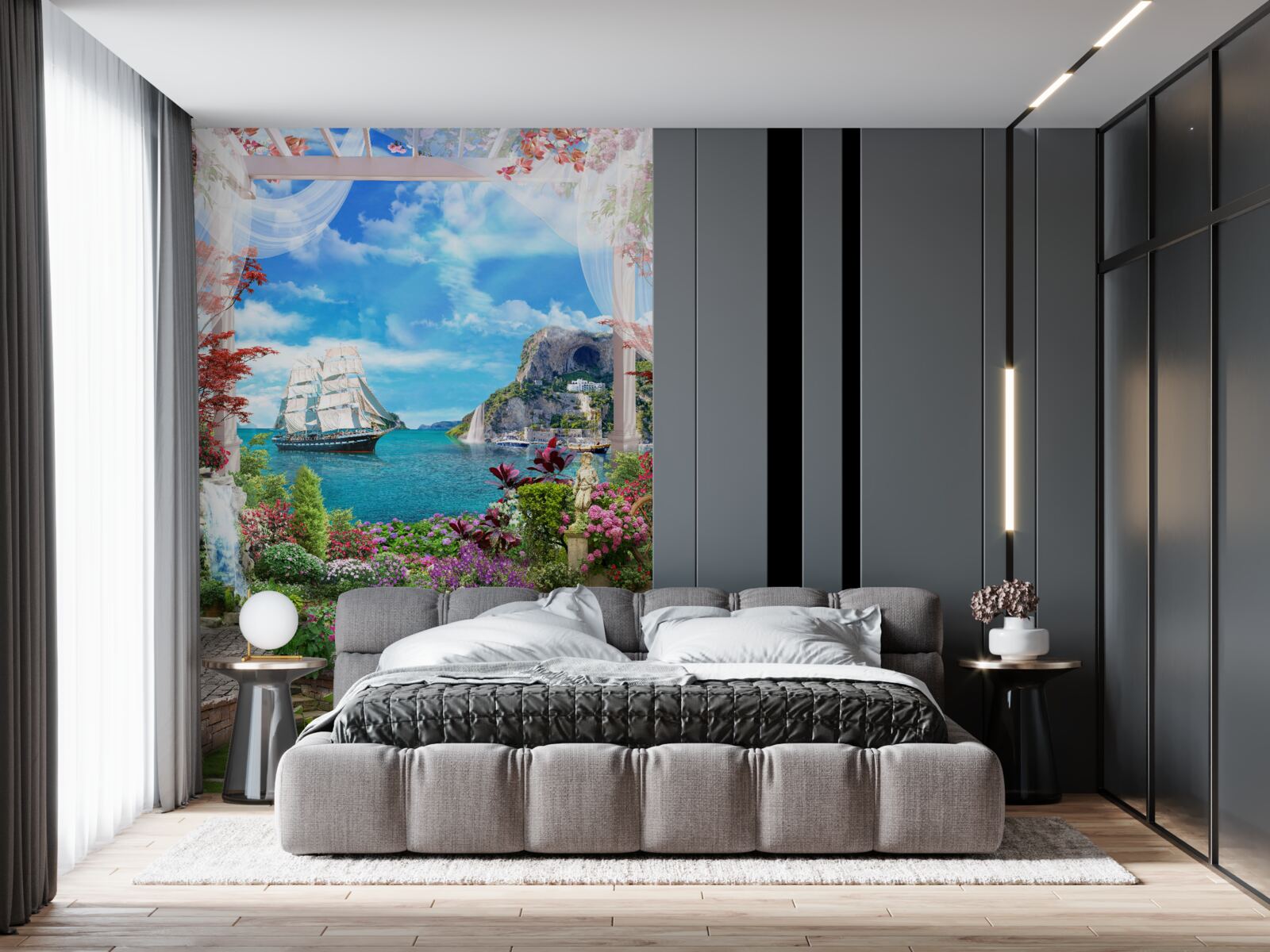 Fotobehang vanaf het balkon kun je een zeilboot voor anker zien liggen in de haven