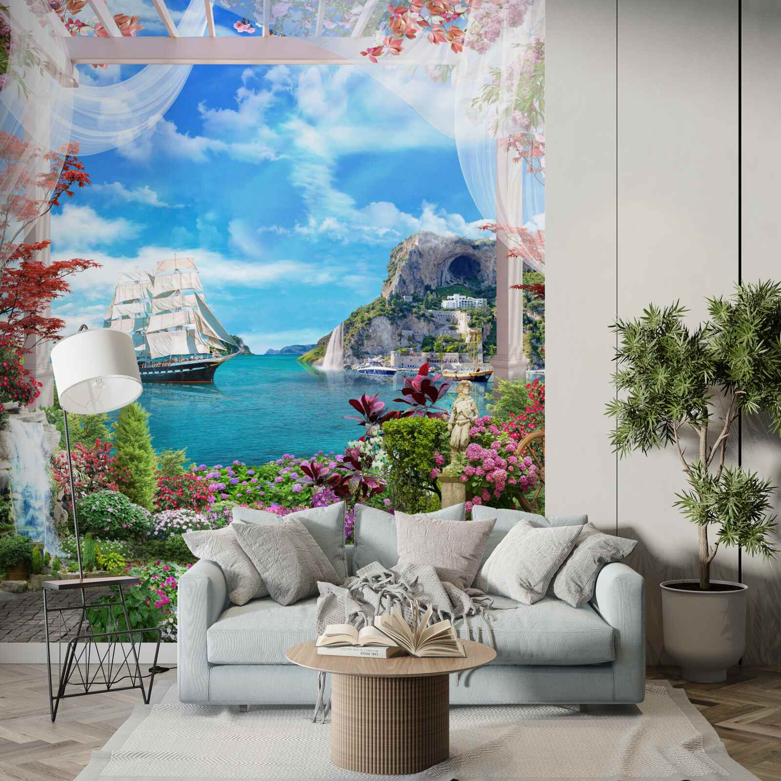 Fotobehang vanaf het balkon kun je een zeilboot voor anker zien liggen in de haven