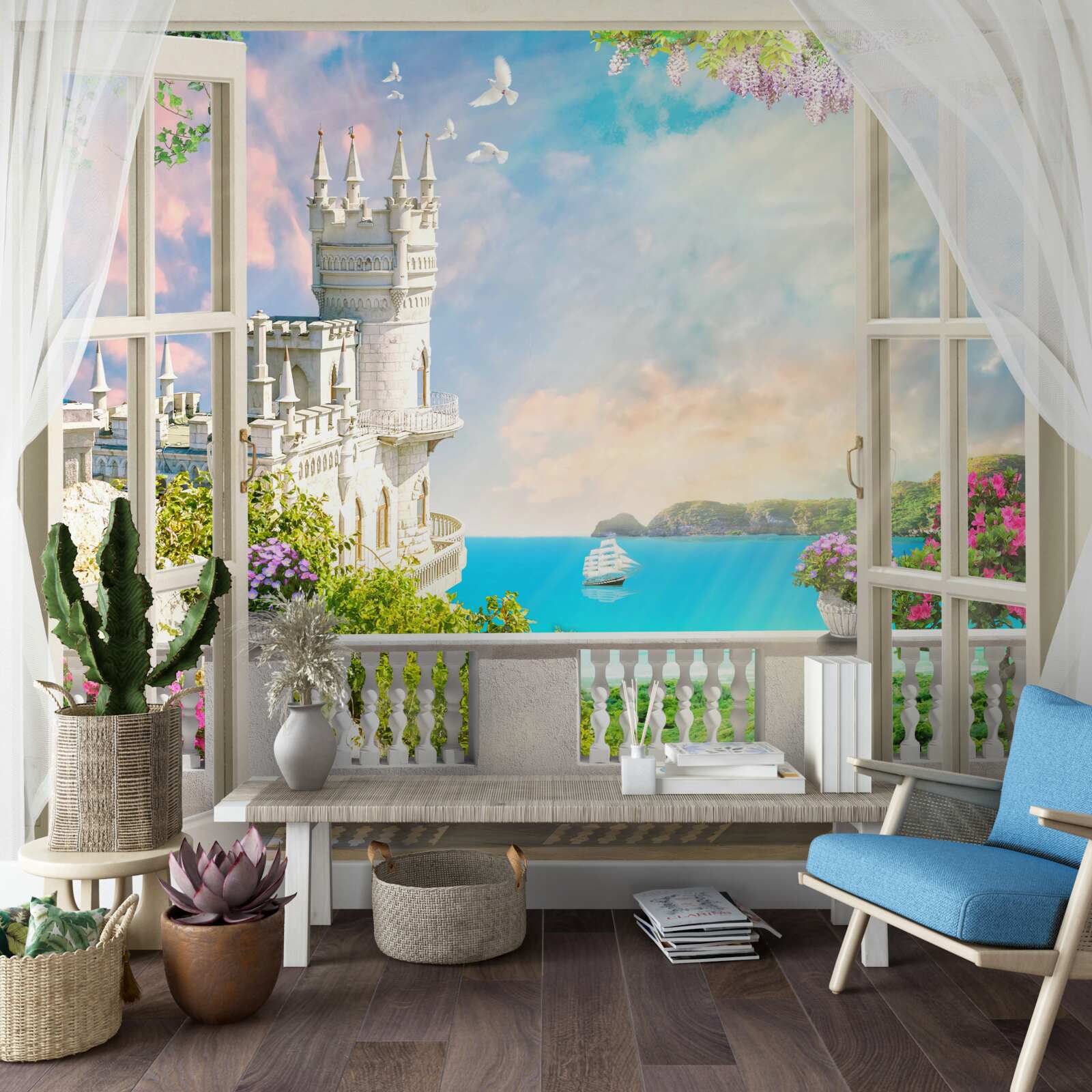 Fotobehang terras bij het zwaluwnestkasteel aan de kust