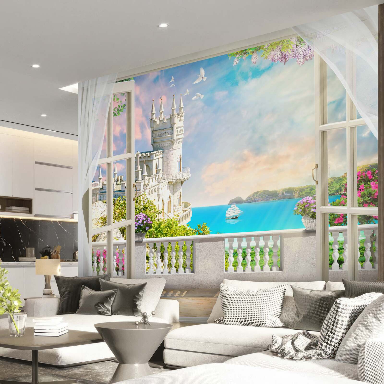 Fotobehang terras bij het zwaluwnestkasteel aan de kust