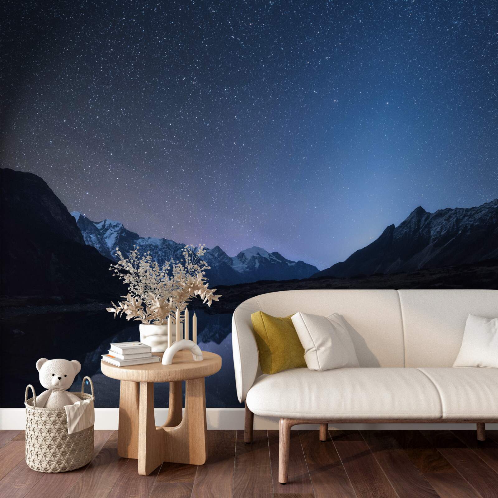 Fotobehang schitterende nachtelijke hemel vol sterren in de bergen bij de vijver