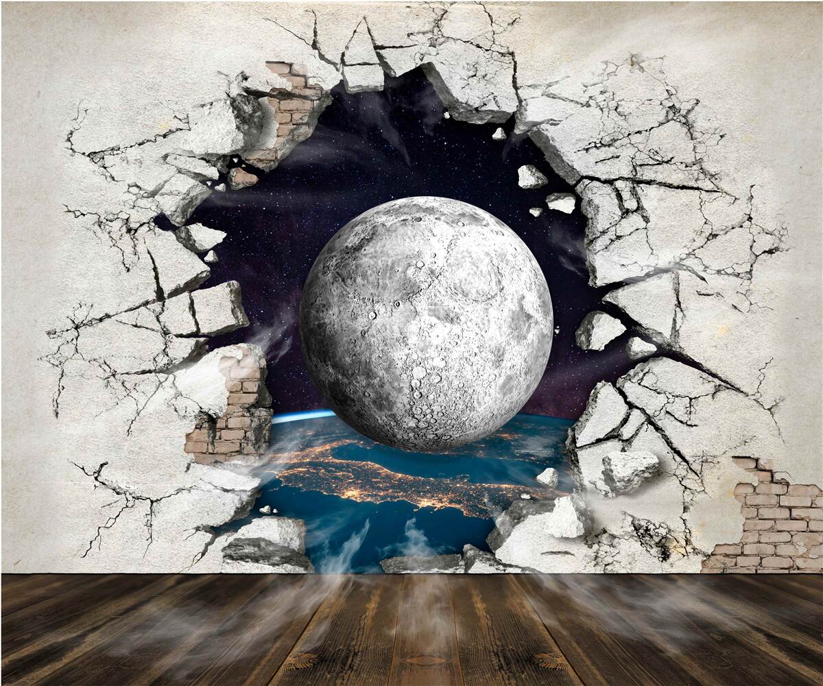 Fotobehang witte muur gescheiden door de maan