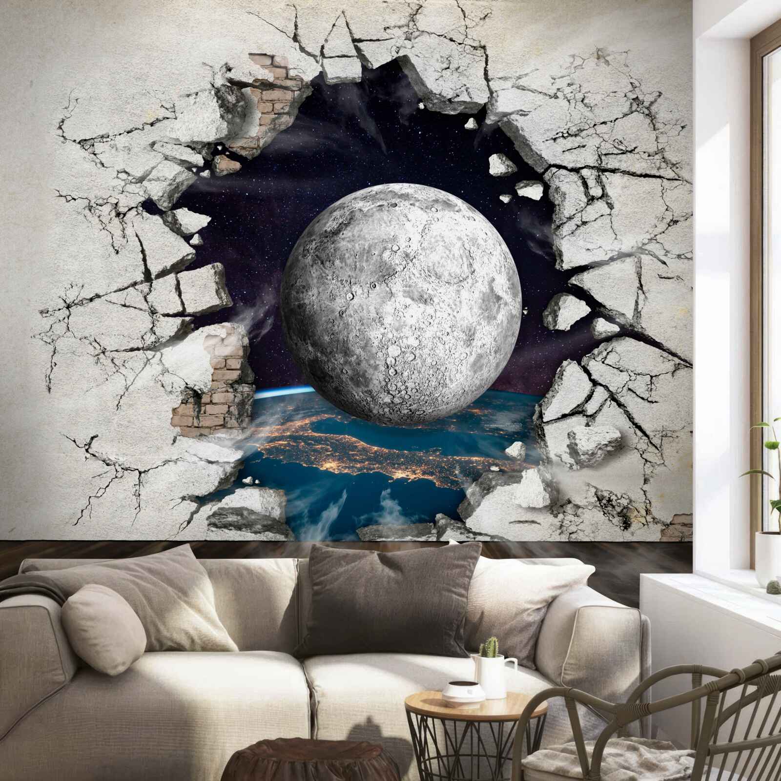 Fotobehang witte muur gescheiden door de maan