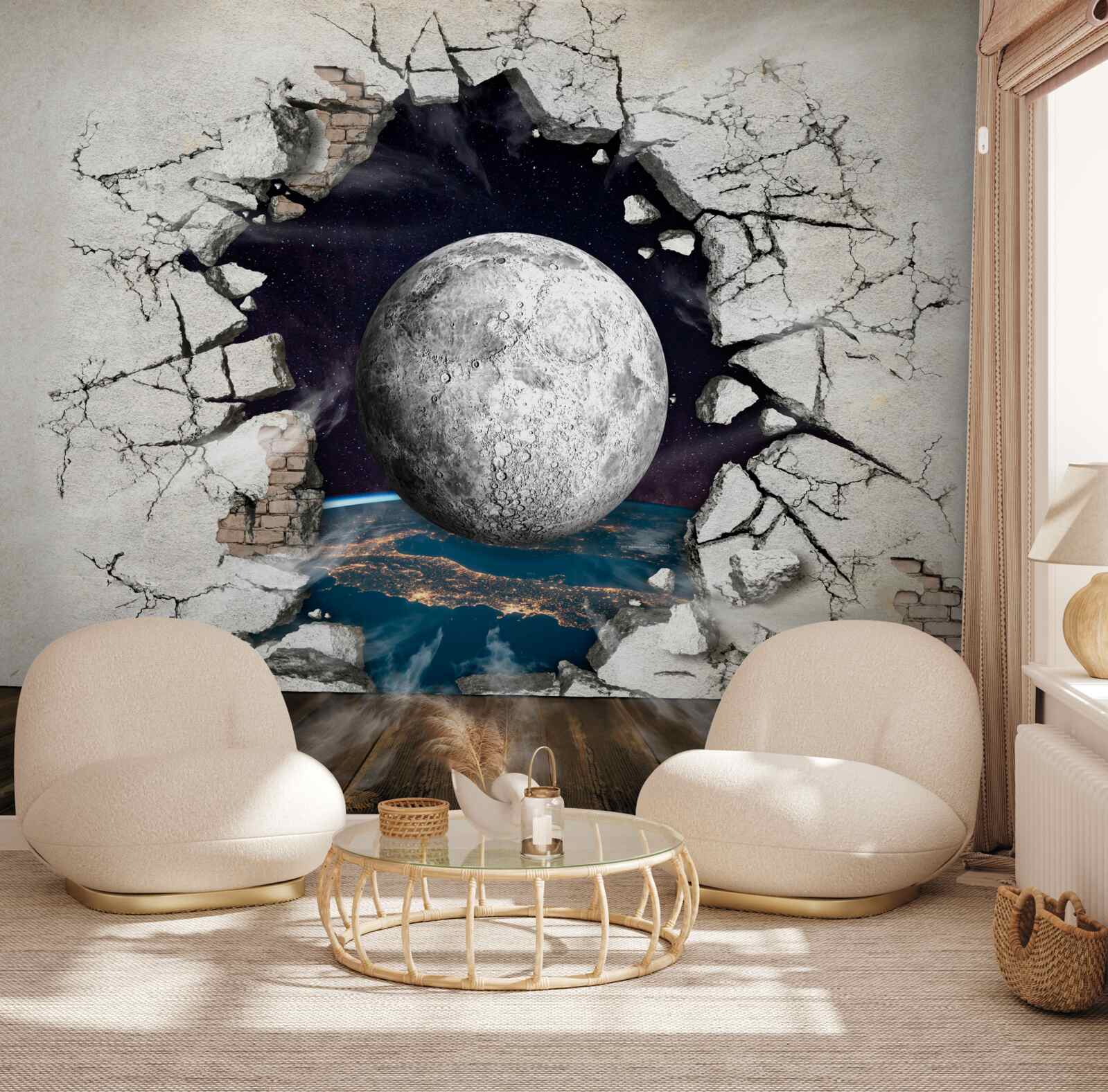 Fotobehang witte muur gescheiden door de maan