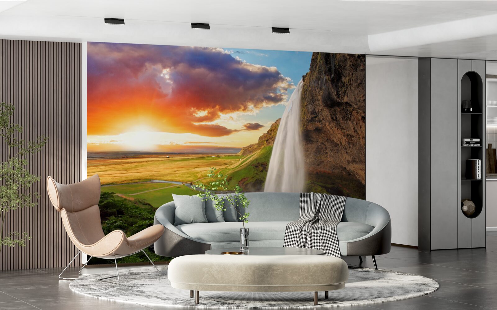 Fotobehang regenwoud ontvangt waterstromen van een hoge waterval