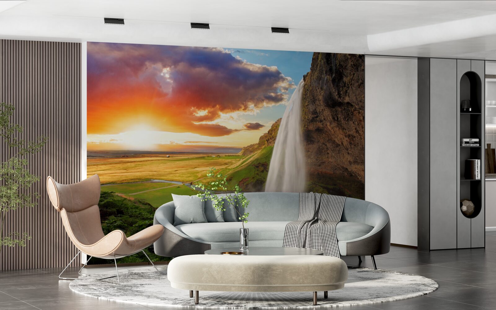 Fotobehang regenwoud ontvangt waterstromen van een hoge waterval
