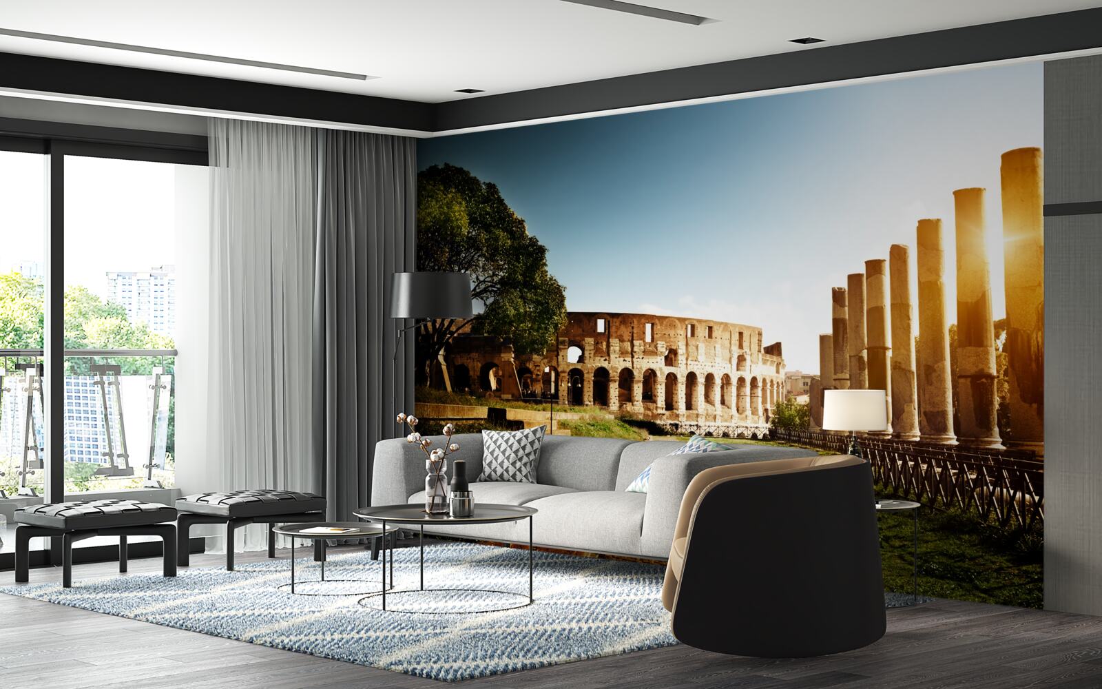 Fotobehang de hallen van het oude rome in de stralen van de ondergaande zon