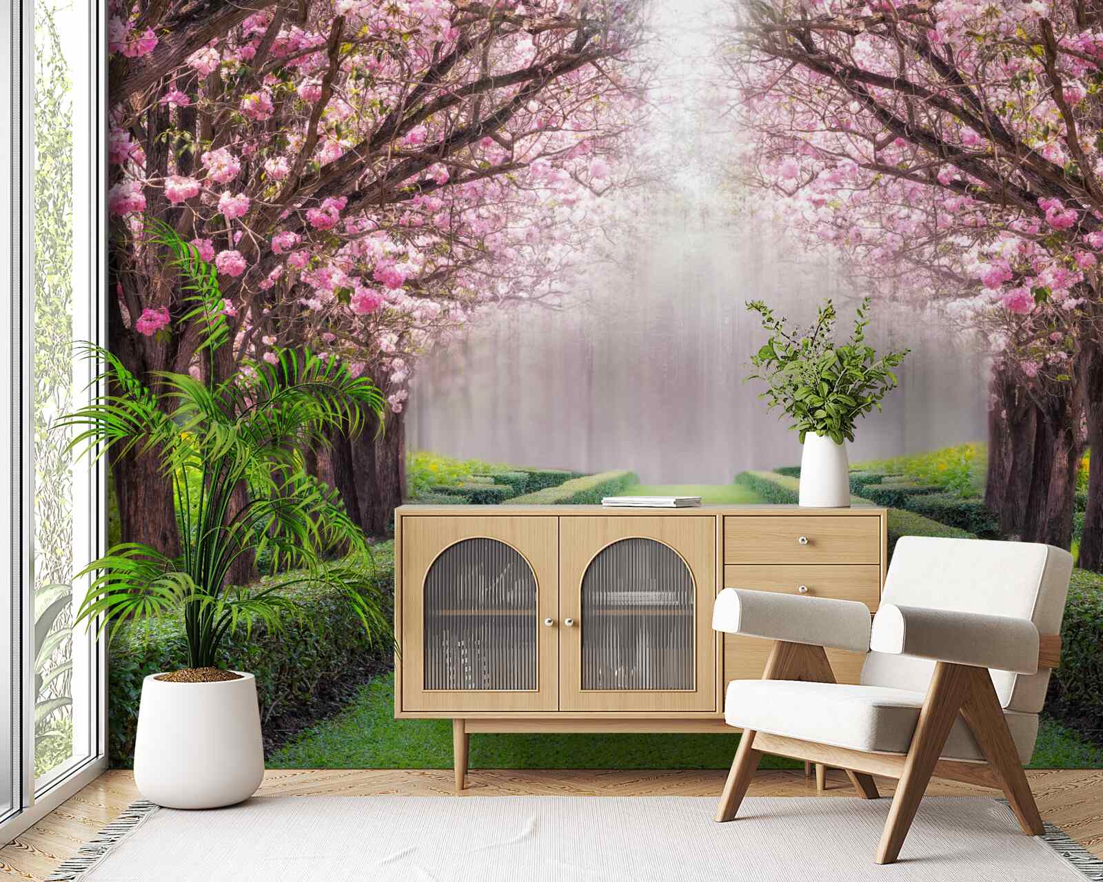 Fotobehang nette laan met groen en kersenbloesems