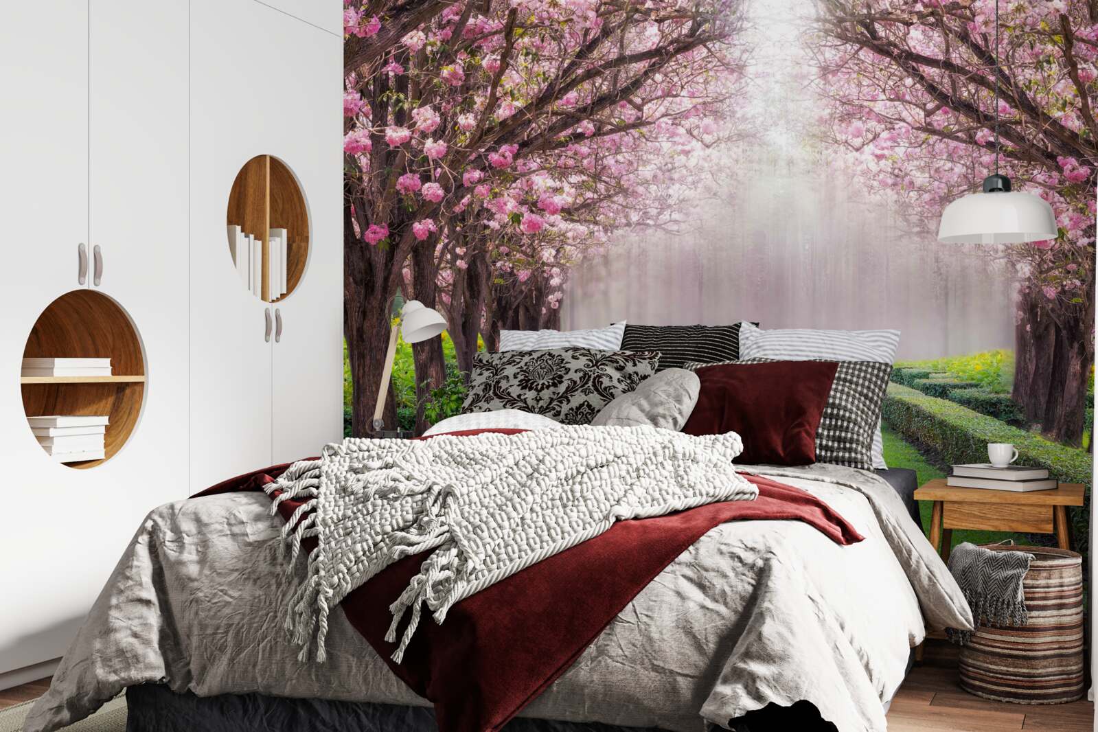 Fotobehang nette laan met groen en kersenbloesems