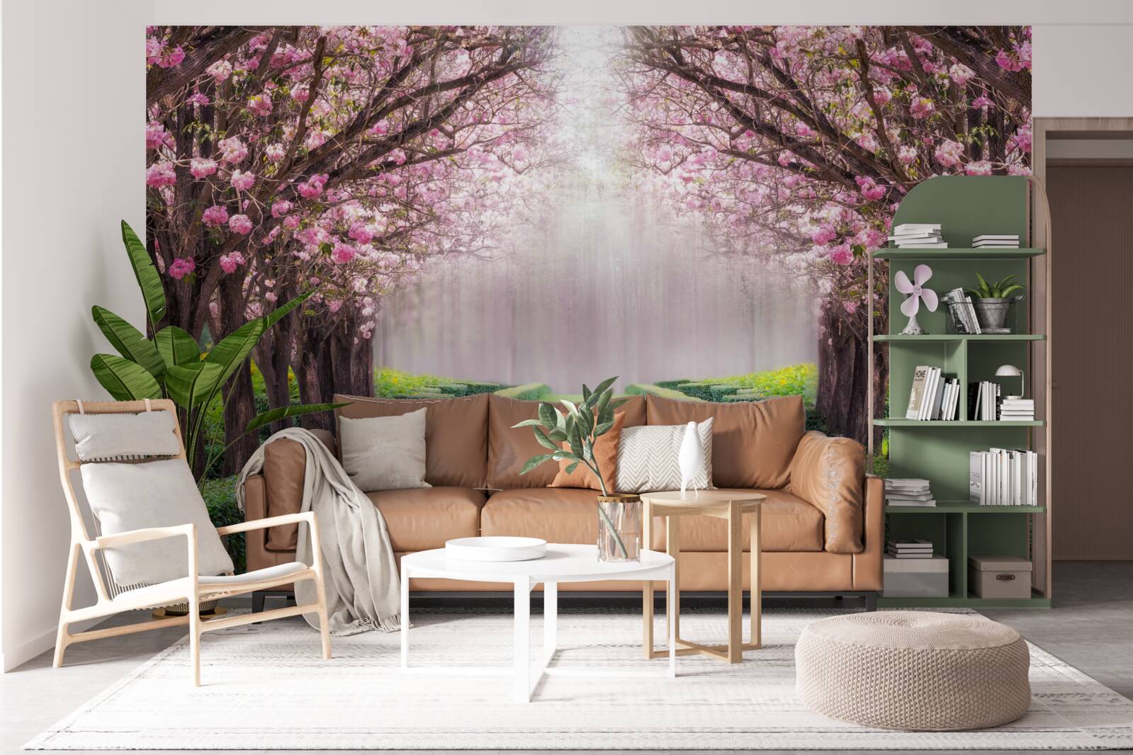 Fotobehang nette laan met groen en kersenbloesems