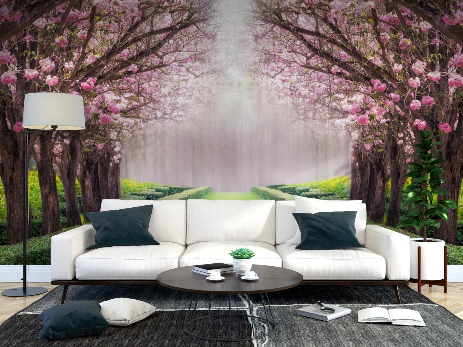 Fotobehang nette laan met groen en kersenbloesems